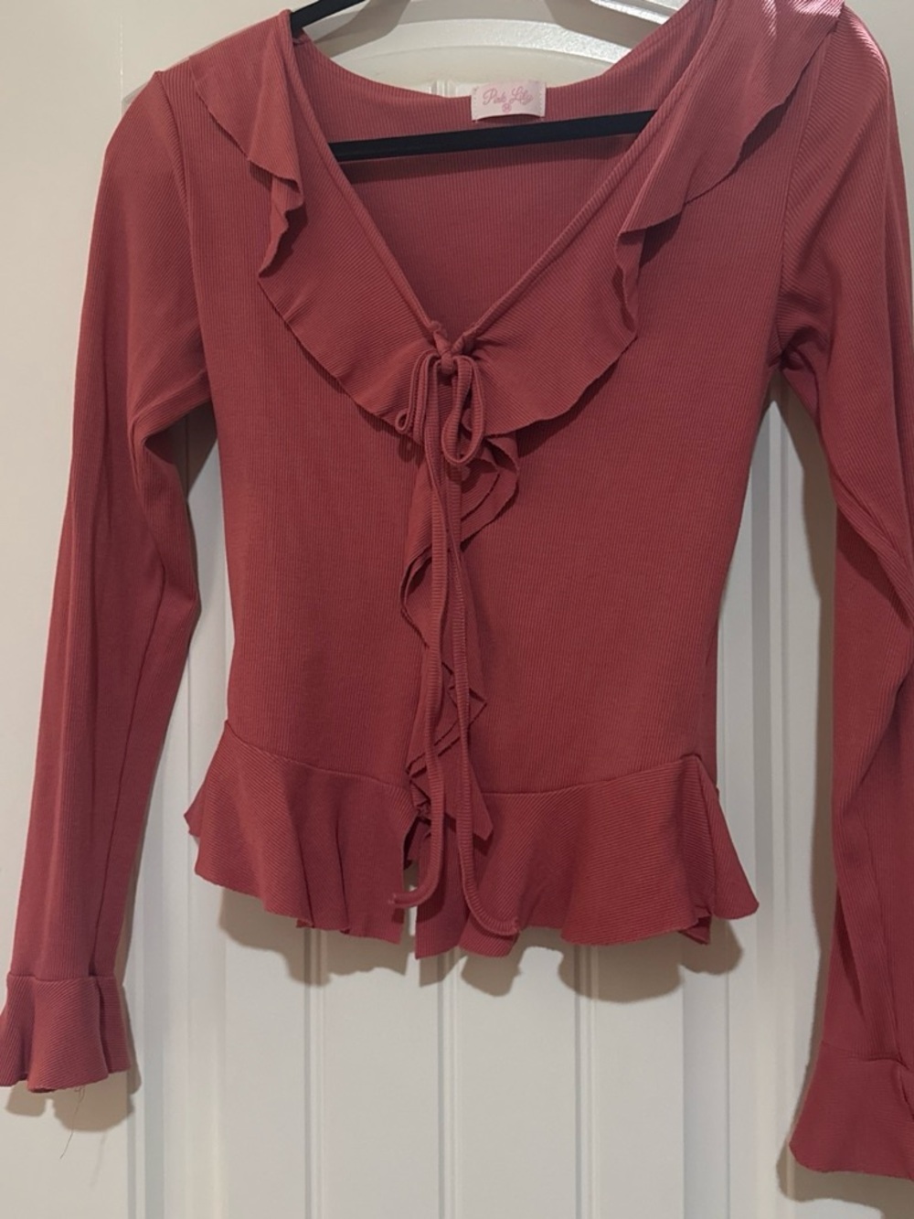 Pink Lily Ruffle Tie-Front Long Sleeve Top